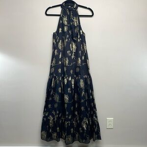 NWOT Express Halter Tiered Maxi Dress Black and Metallic Gold Floral Rose XS